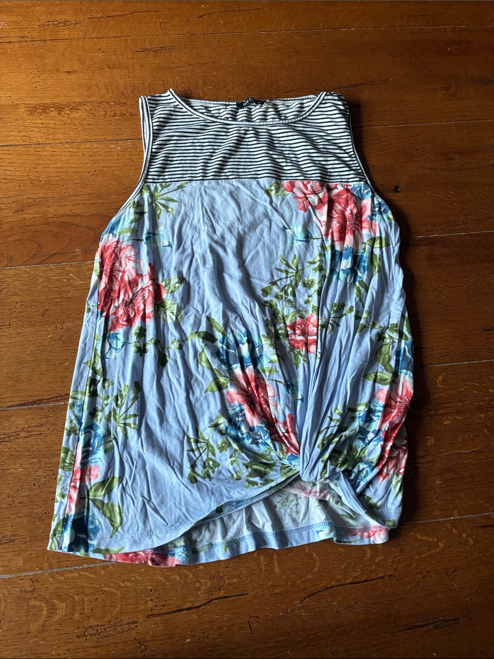 Pink Clover Light Blue Floral Tank with Striped Yoke